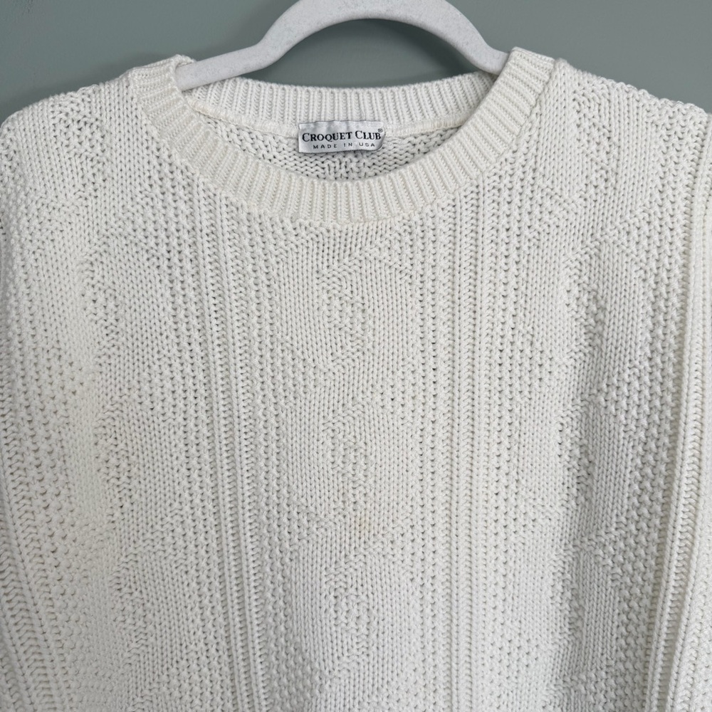 Vintage 80s Croquet Club Creamy White Cable Knit Long Sleeve Crew Neck Sweater - Picture 5 of 13